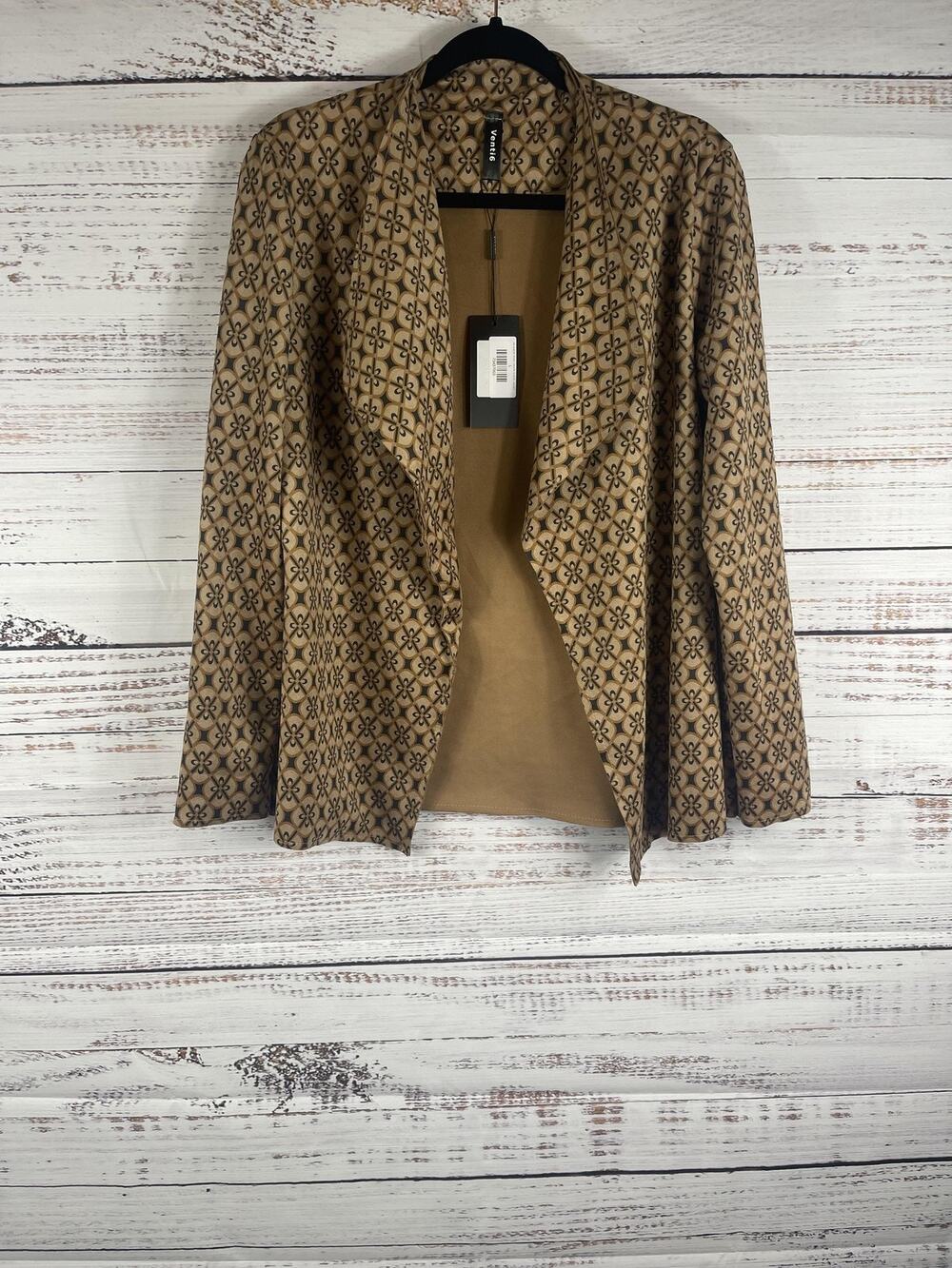 Venti6 Jacket Womens Large Beige Geometric Print Open Front Drape Suede Jacket